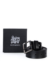 Flying Shark Men's Black Leather Belt with Metal Buckle