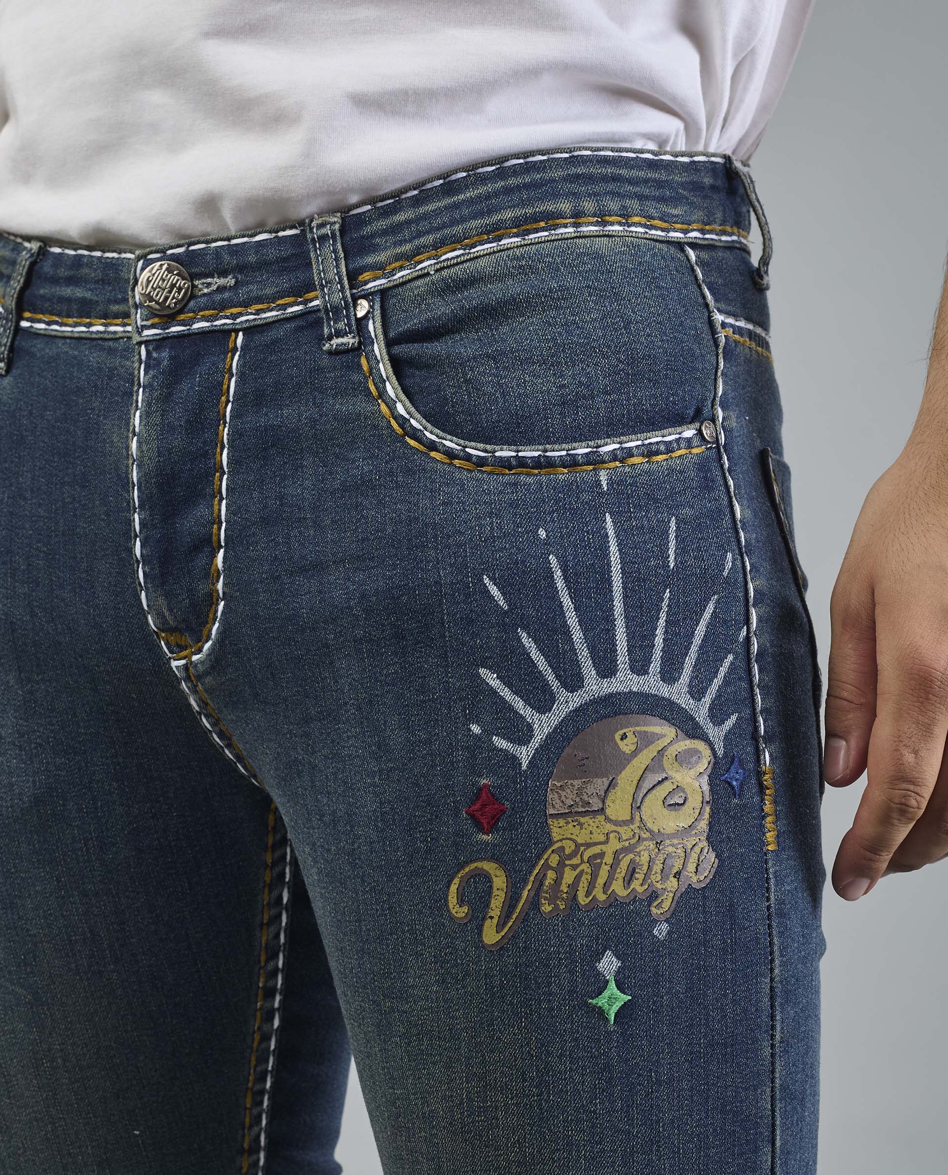 Men’s Custom Prints Contrast saddle stitching Denim Jeans