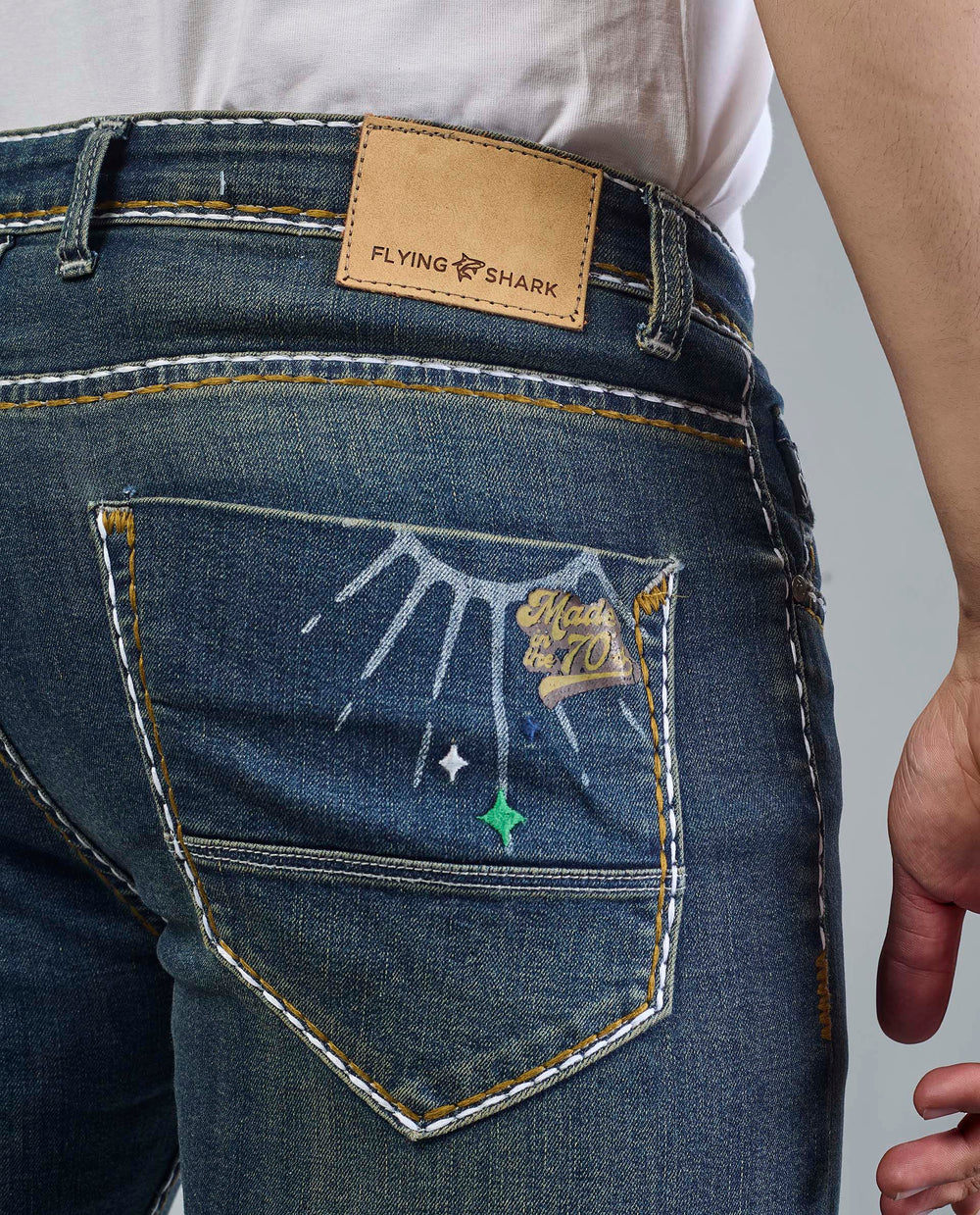 Men’s Custom Prints Contrast saddle stitching Denim Jeans Flying Shark