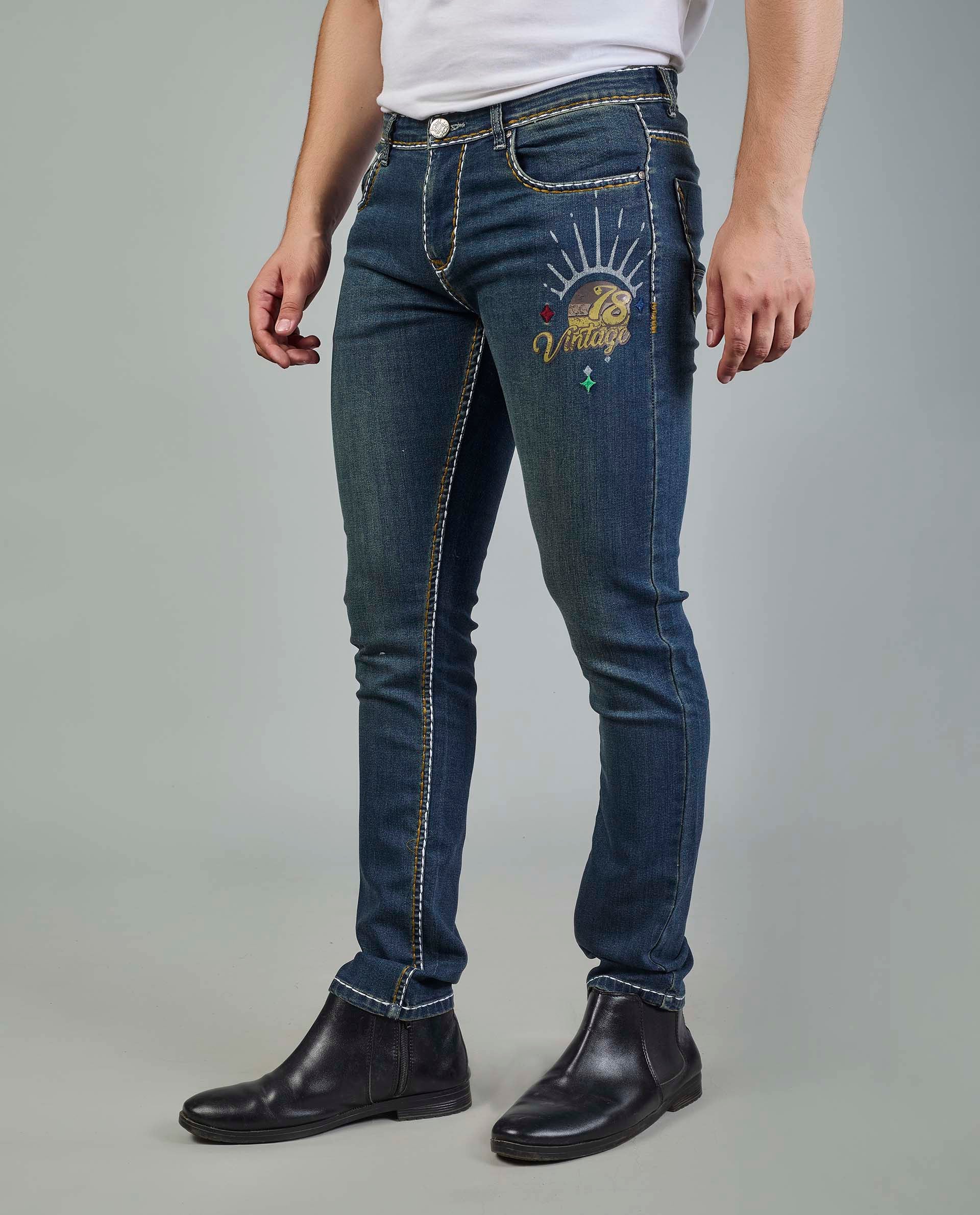 Men’s Custom Prints Contrast saddle stitching Denim Jeans