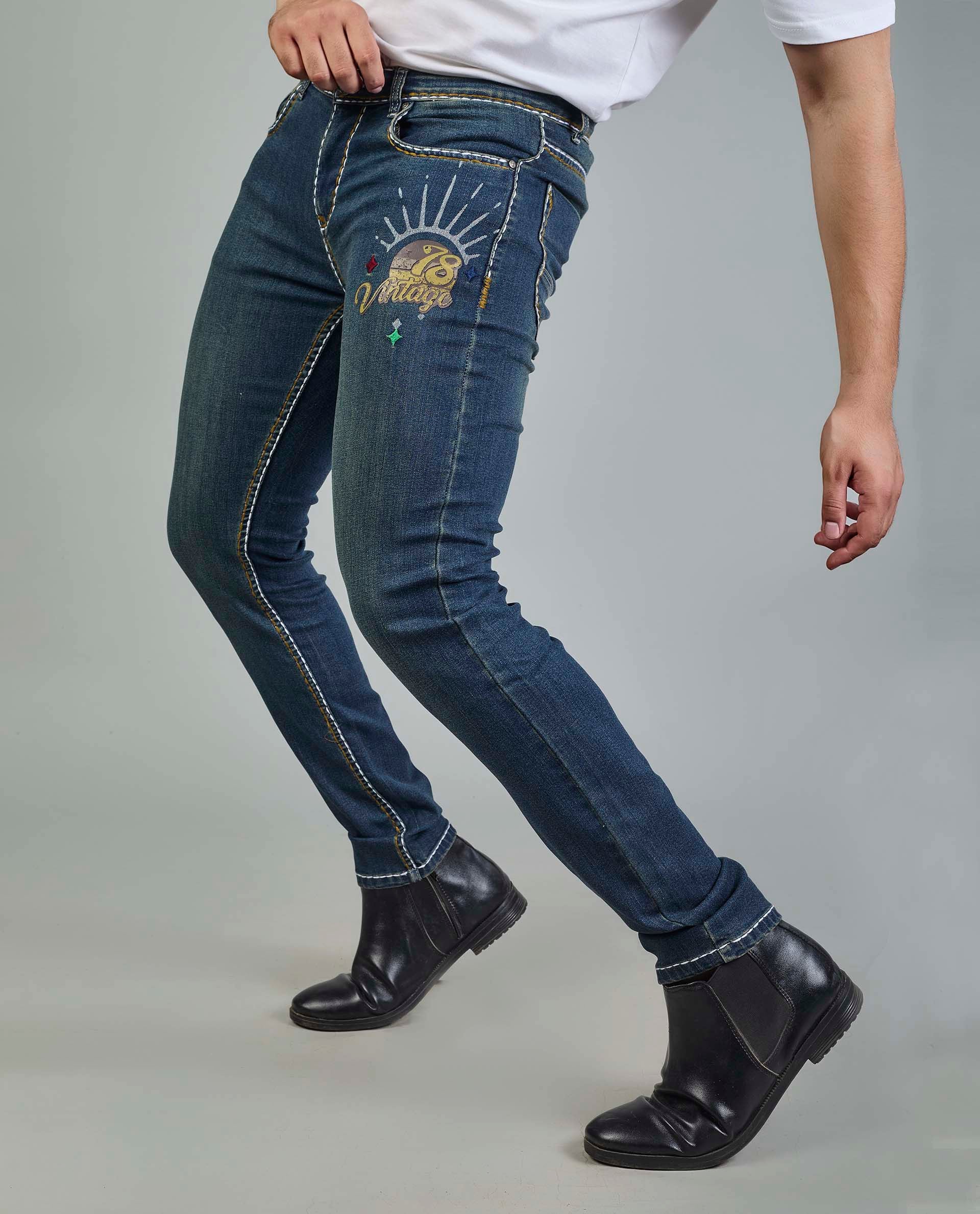 Men’s Custom Prints Contrast saddle stitching Denim Jeans