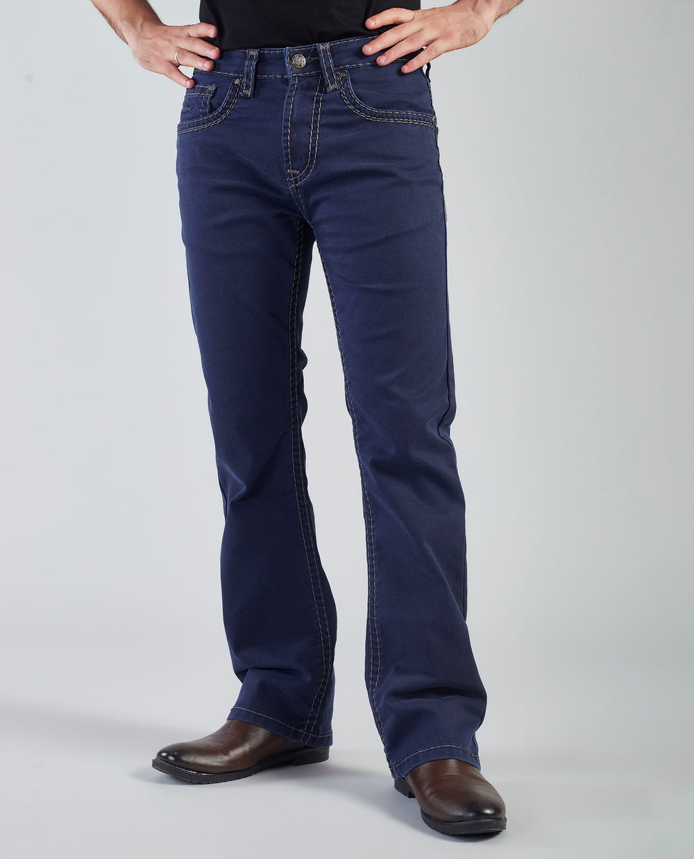 Flying Shark Men's Navy Bootcut Jeans with Signature Saddle Stitch Flying Shark