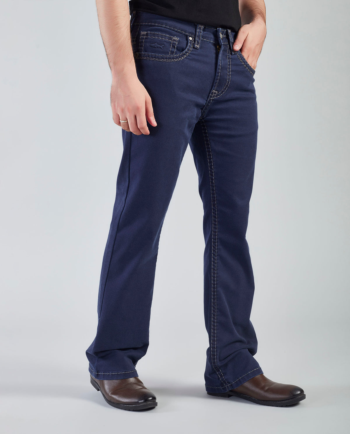 Flying Shark Men's Navy Bootcut Jeans with Signature Saddle Stitch Flying Shark