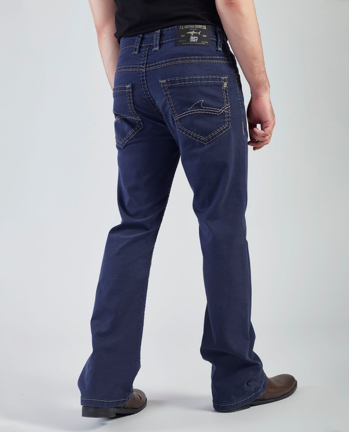Flying Shark Men's Navy Bootcut Jeans with Signature Saddle Stitch Flying Shark