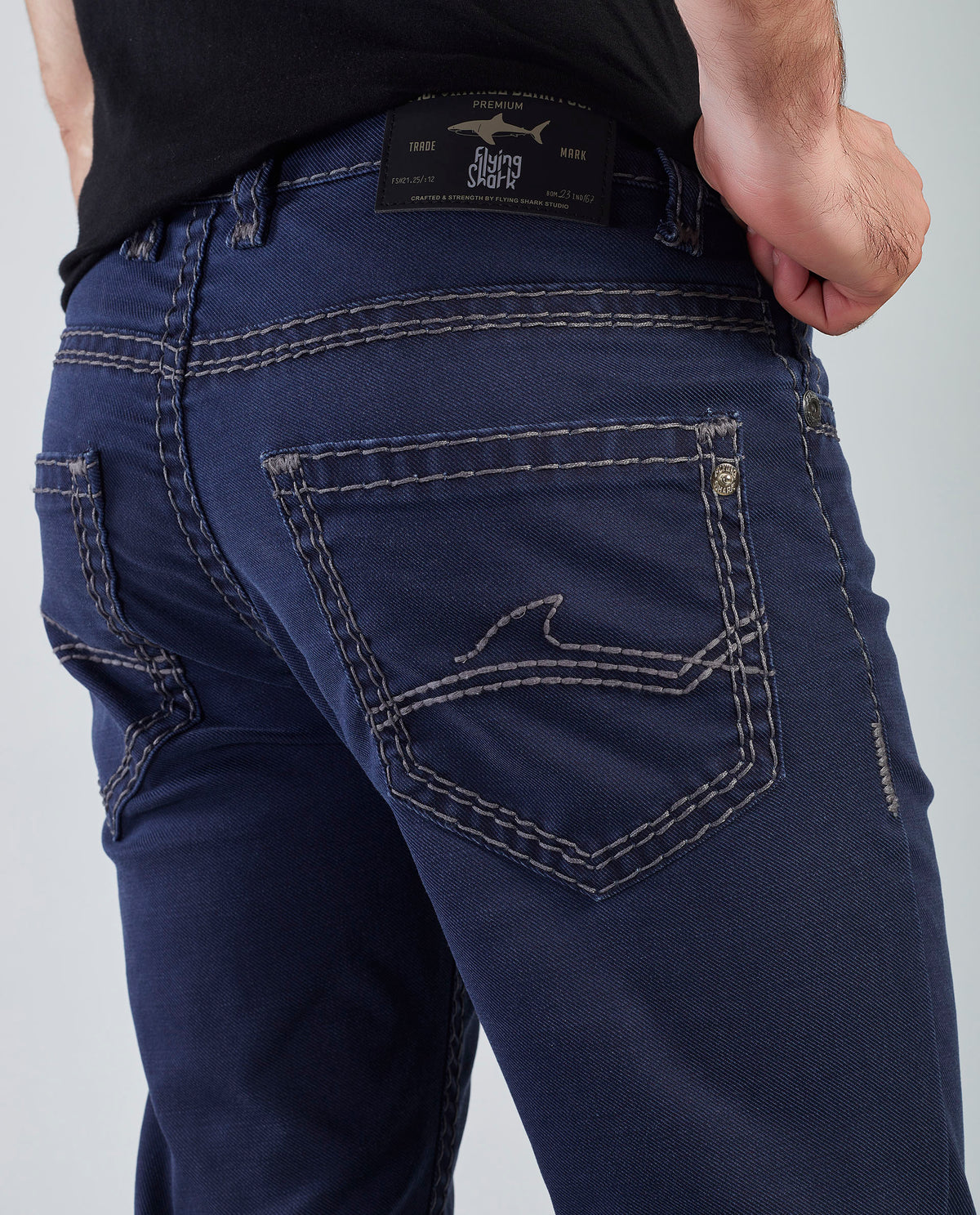 Flying Shark Men's Navy Bootcut Jeans with Signature Saddle Stitch Flying Shark