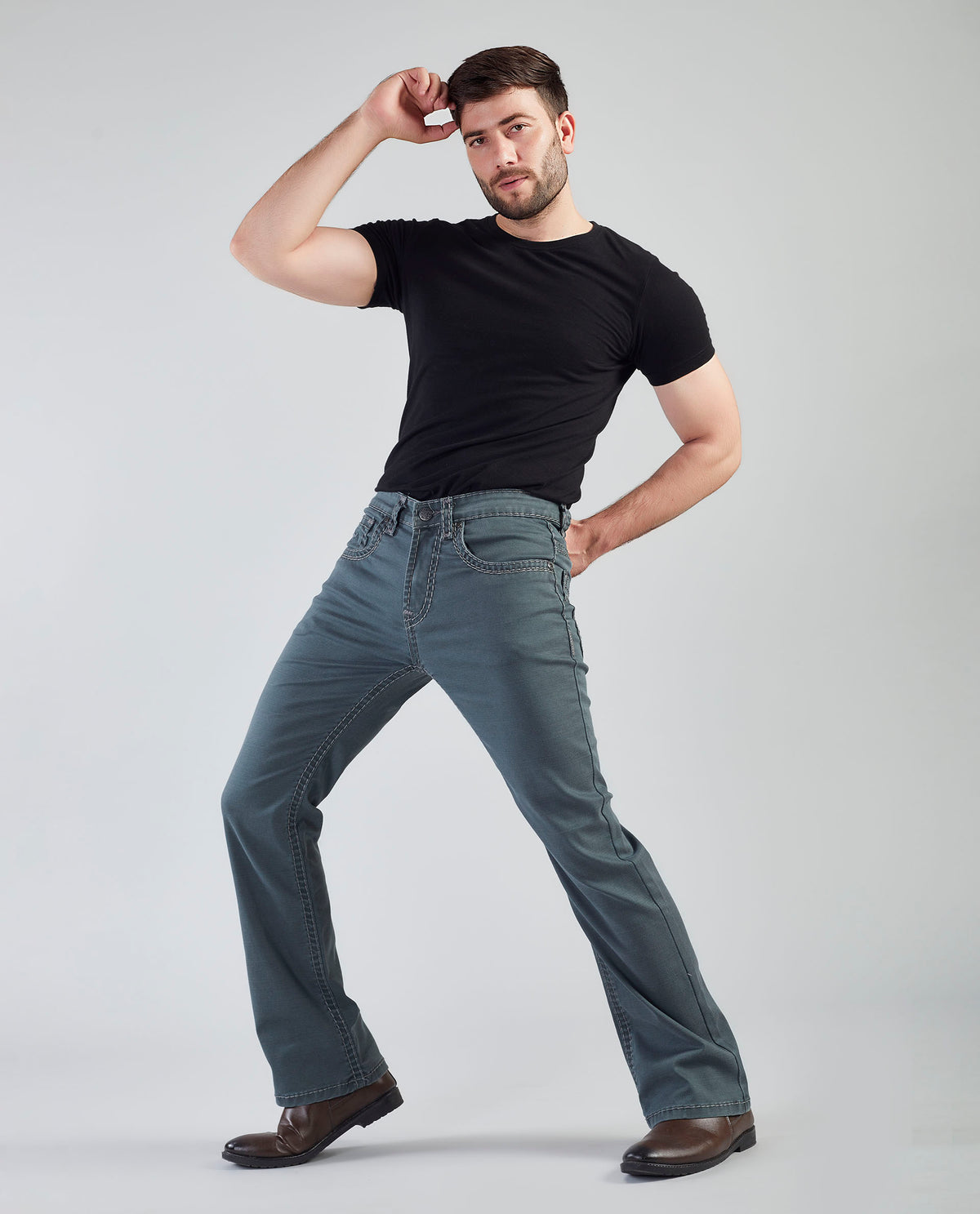 Flying Shark Men's Olive Green Bootcut Jeans with Signature Saddle Stitch Flying Shark