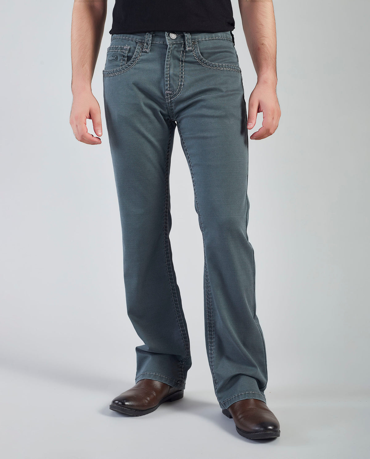 Flying Shark Men's Olive Green Bootcut Jeans with Signature Saddle Stitch Flying Shark