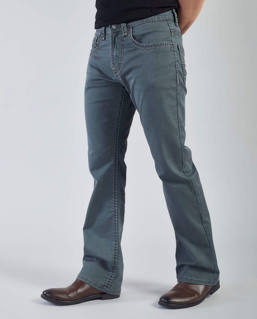 Flying Shark Men's Olive Green Bootcut Jeans with Signature Saddle Stitch Flying Shark
