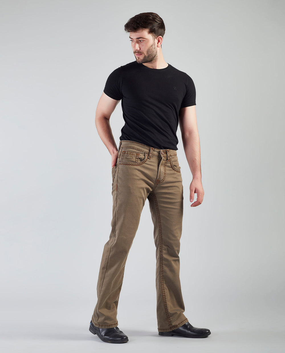 Flying Shark Men's Khaki Bootcut Jeans with Signature Saddle Stitch Flying Shark