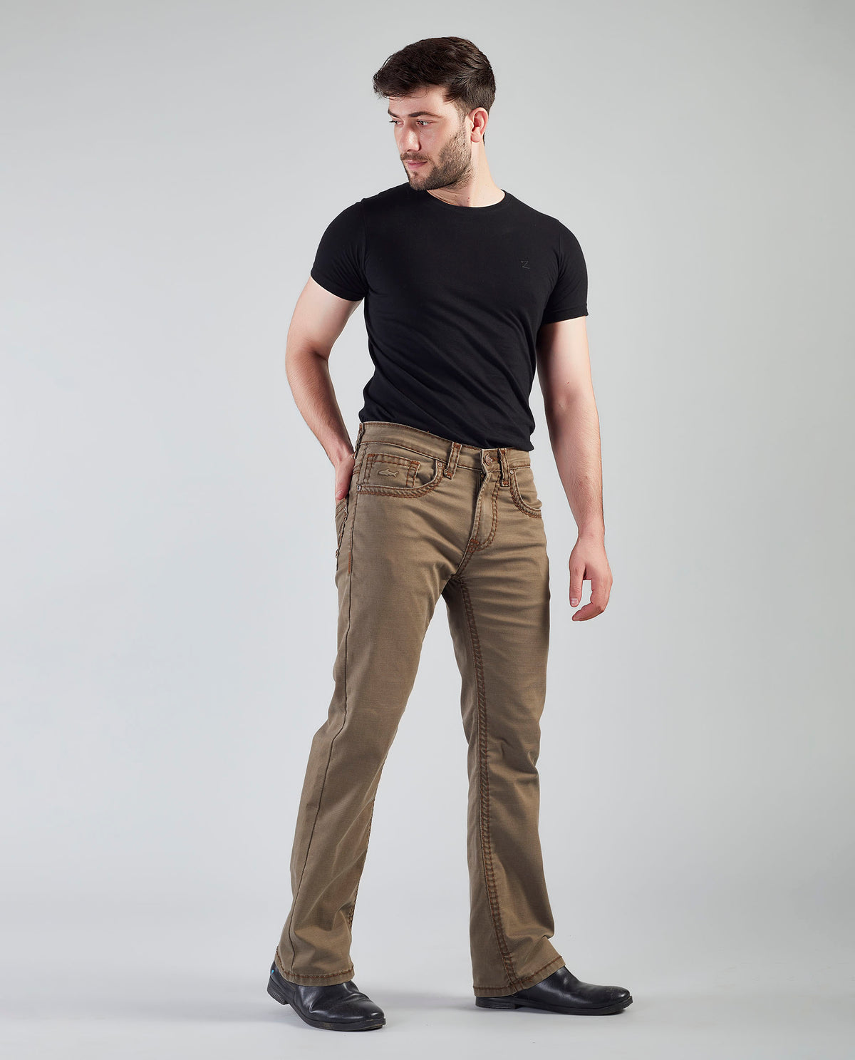 Flying Shark Men's Khaki Bootcut Jeans with Signature Saddle Stitch Flying Shark