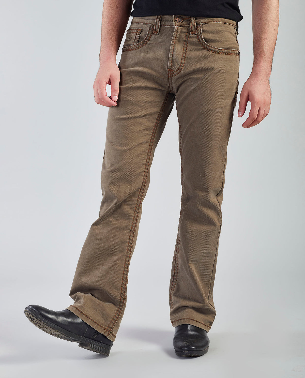 Flying Shark Men's Khaki Bootcut Jeans with Signature Saddle Stitch Flying Shark