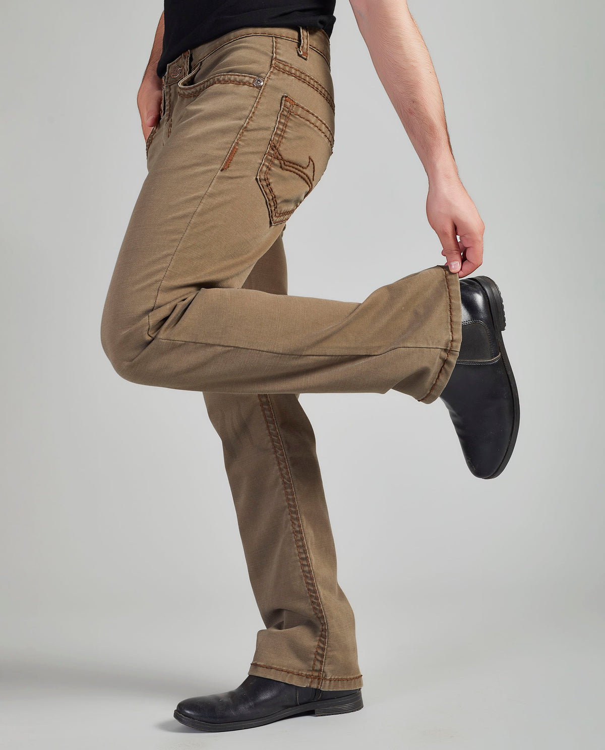 Flying Shark Men's Khaki Bootcut Jeans with Signature Saddle Stitch Flying Shark