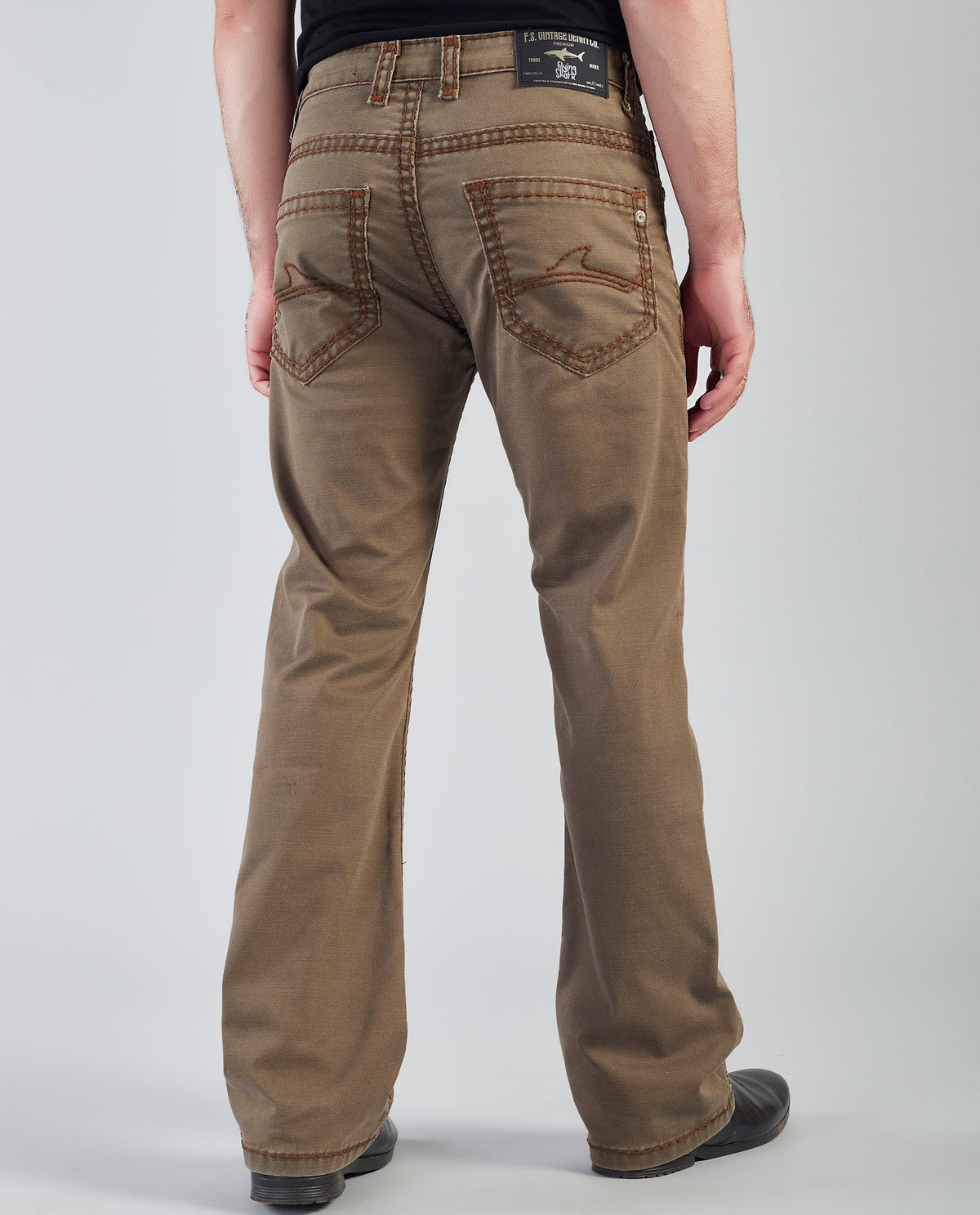 Flying Shark Men's Khaki Bootcut Jeans with Signature Saddle Stitch Flying Shark