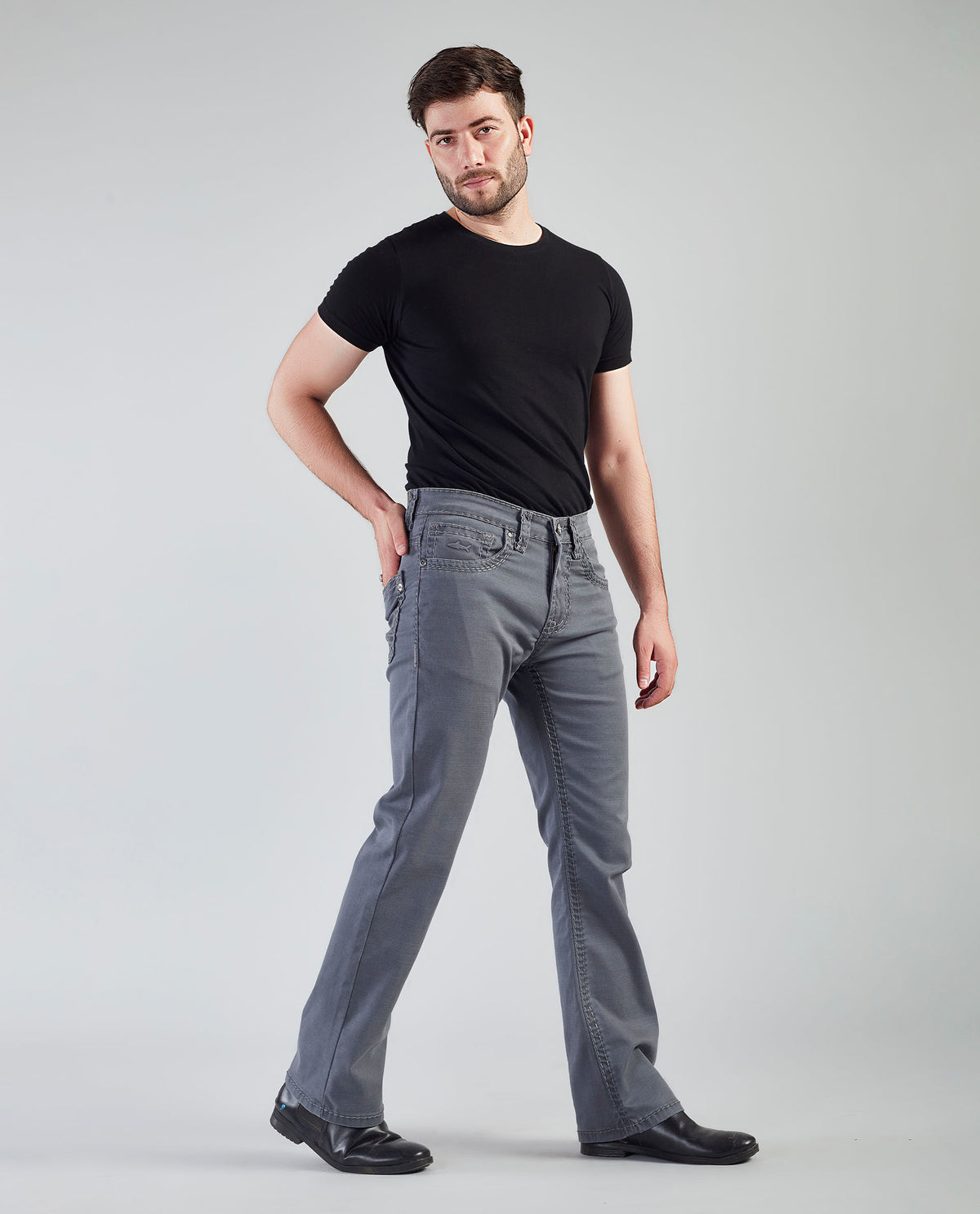 Flying Shark Men's Grey Bootcut Jeans with Signature Saddle Stitch Flying Shark