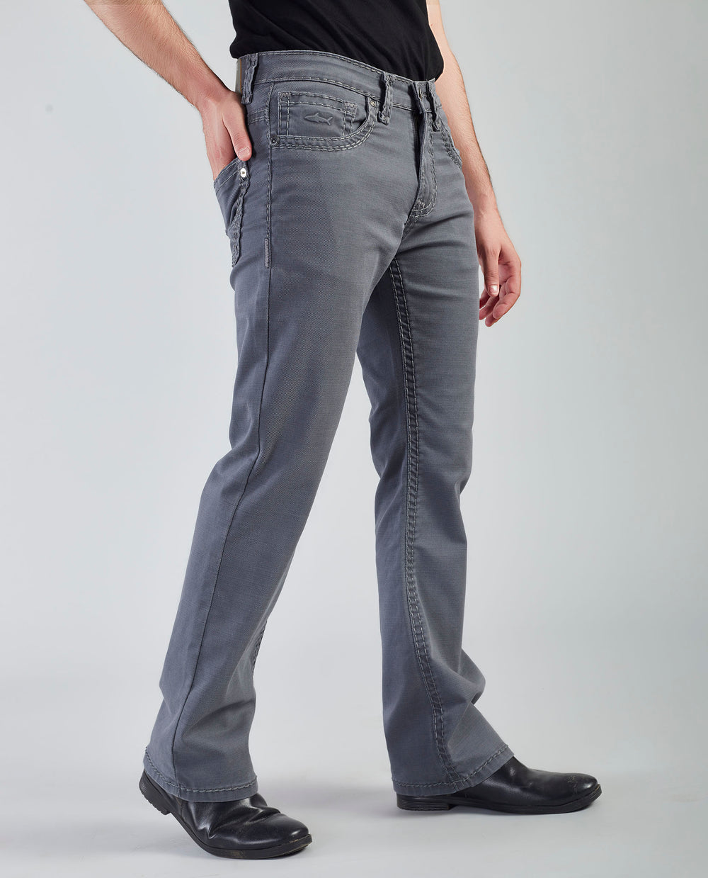 Flying Shark Men's Grey Bootcut Jeans with Signature Saddle Stitch Flying Shark