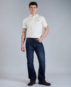 Men's Dark Blue Bootcut Saddle Stitch Denim Jeans