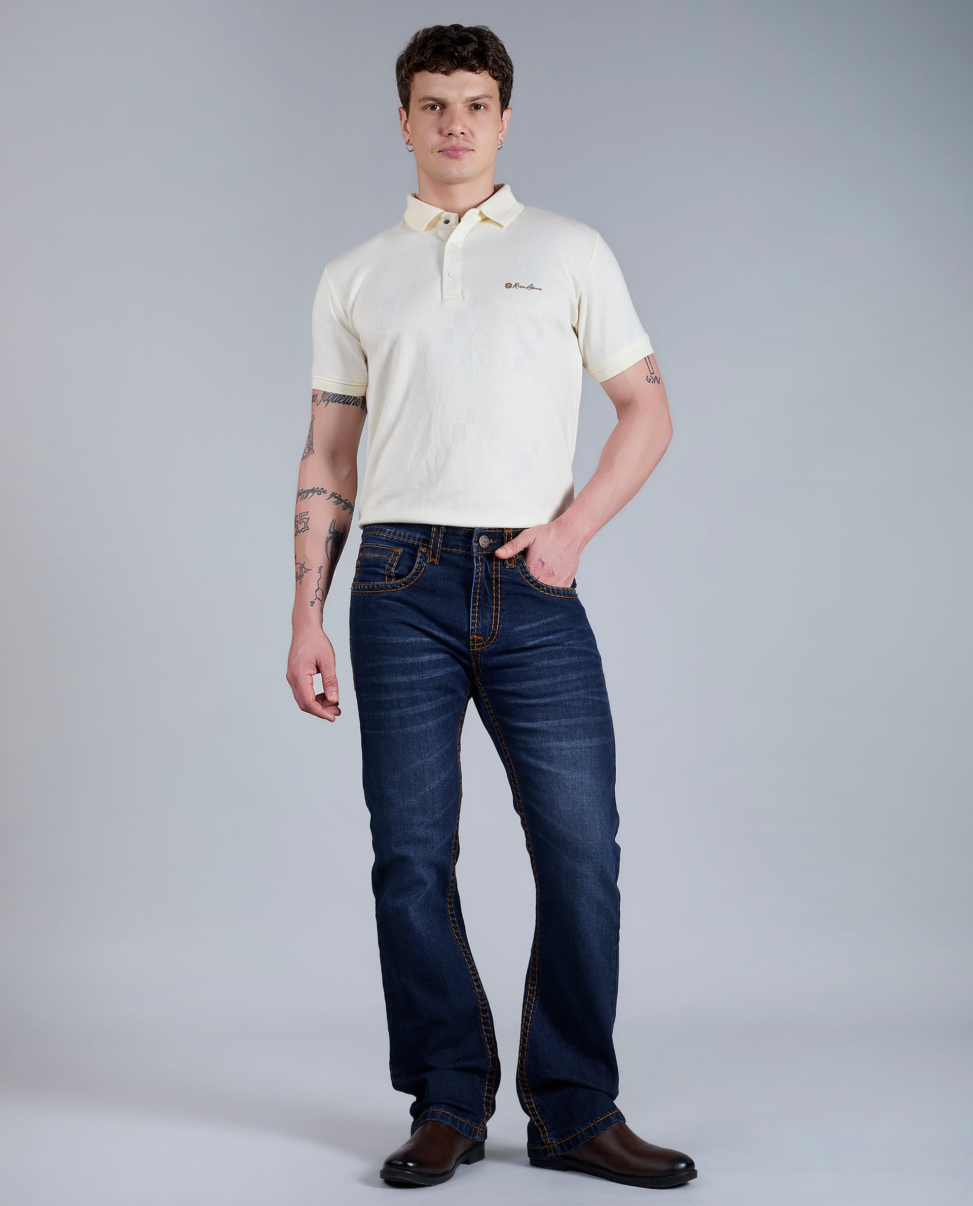Men's Dark Blue Bootcut Saddle Stitch Denim Jeans