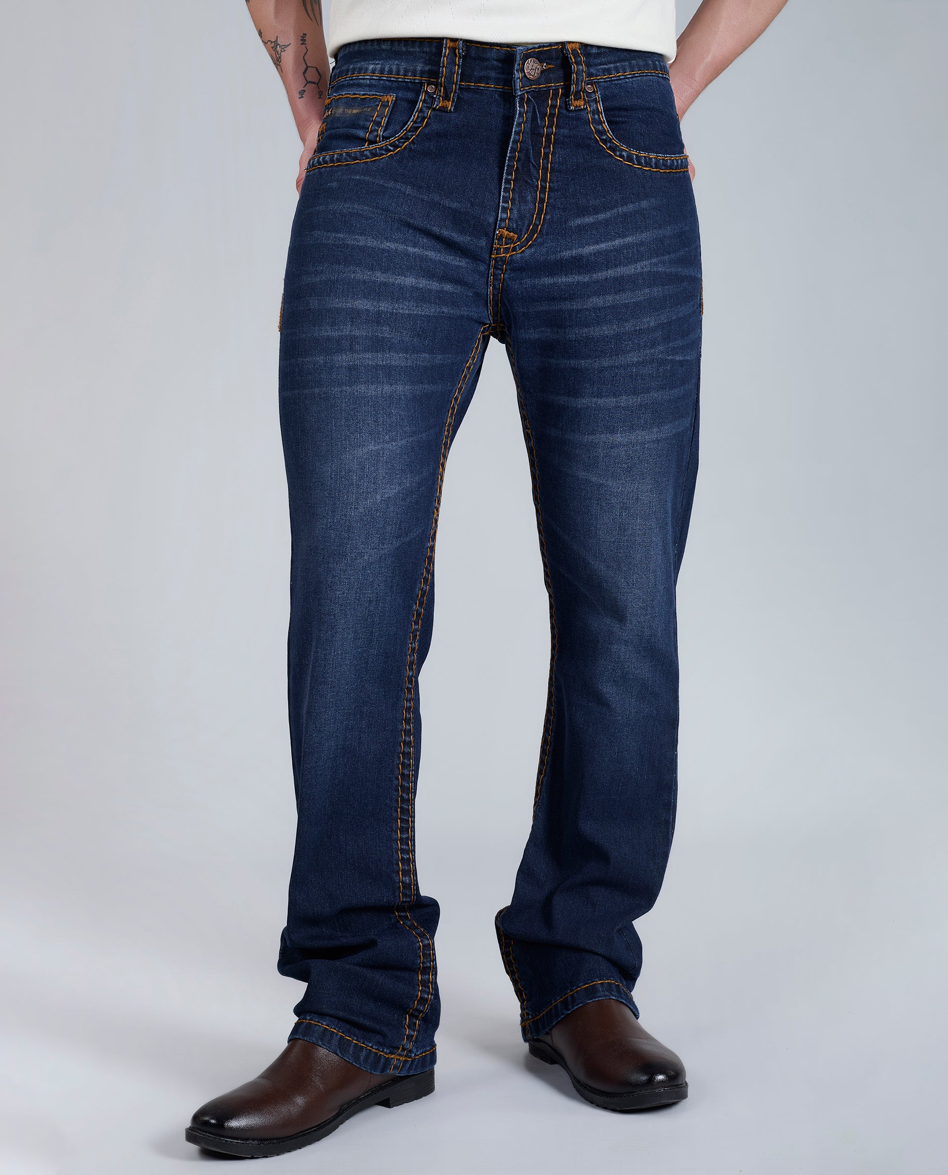 Men's Dark Blue Bootcut Saddle Stitch Denim Jeans