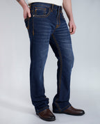 Men's Dark Blue Bootcut Saddle Stitch Denim Jeans