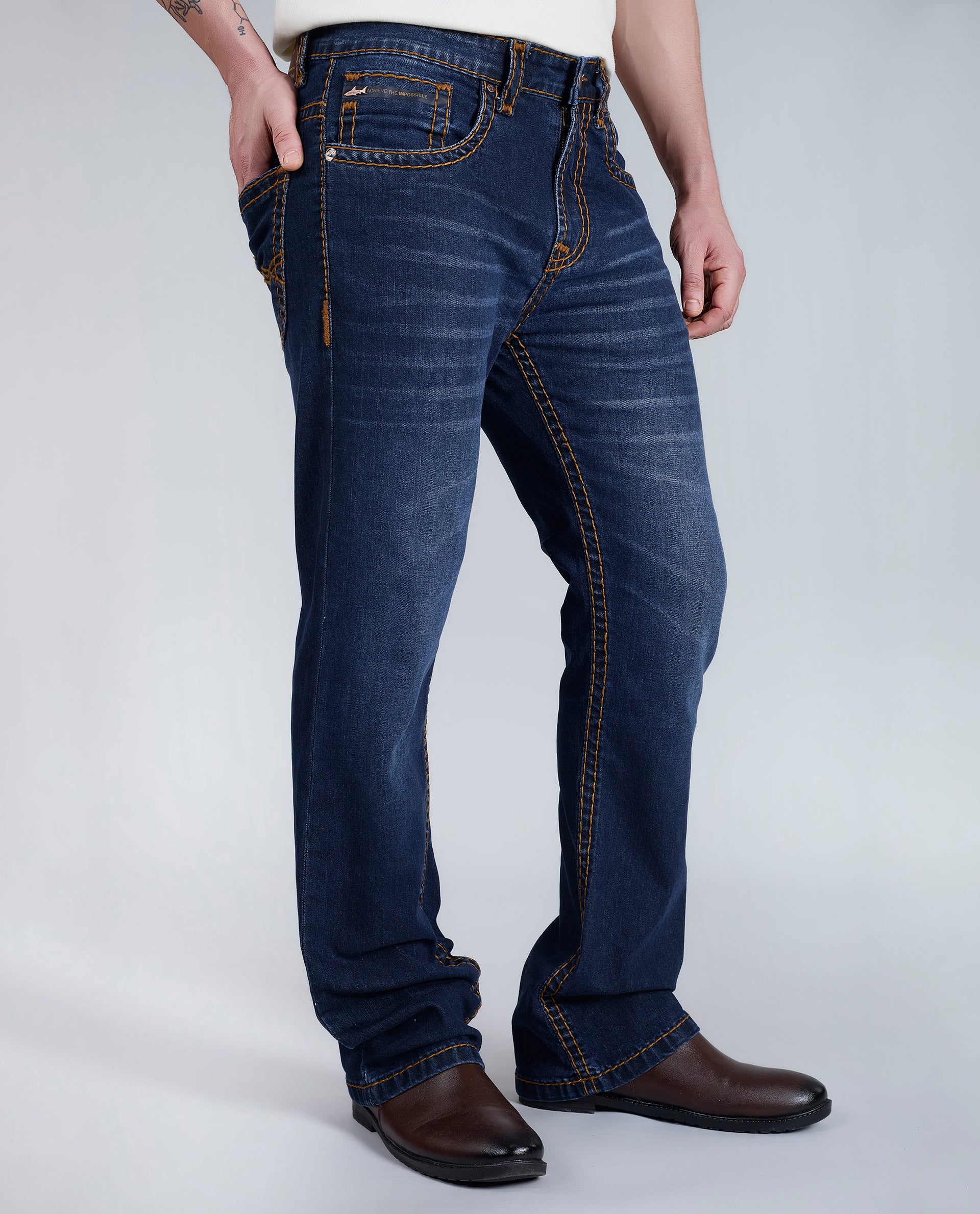 Men's Dark Blue Bootcut Saddle Stitch Denim Jeans