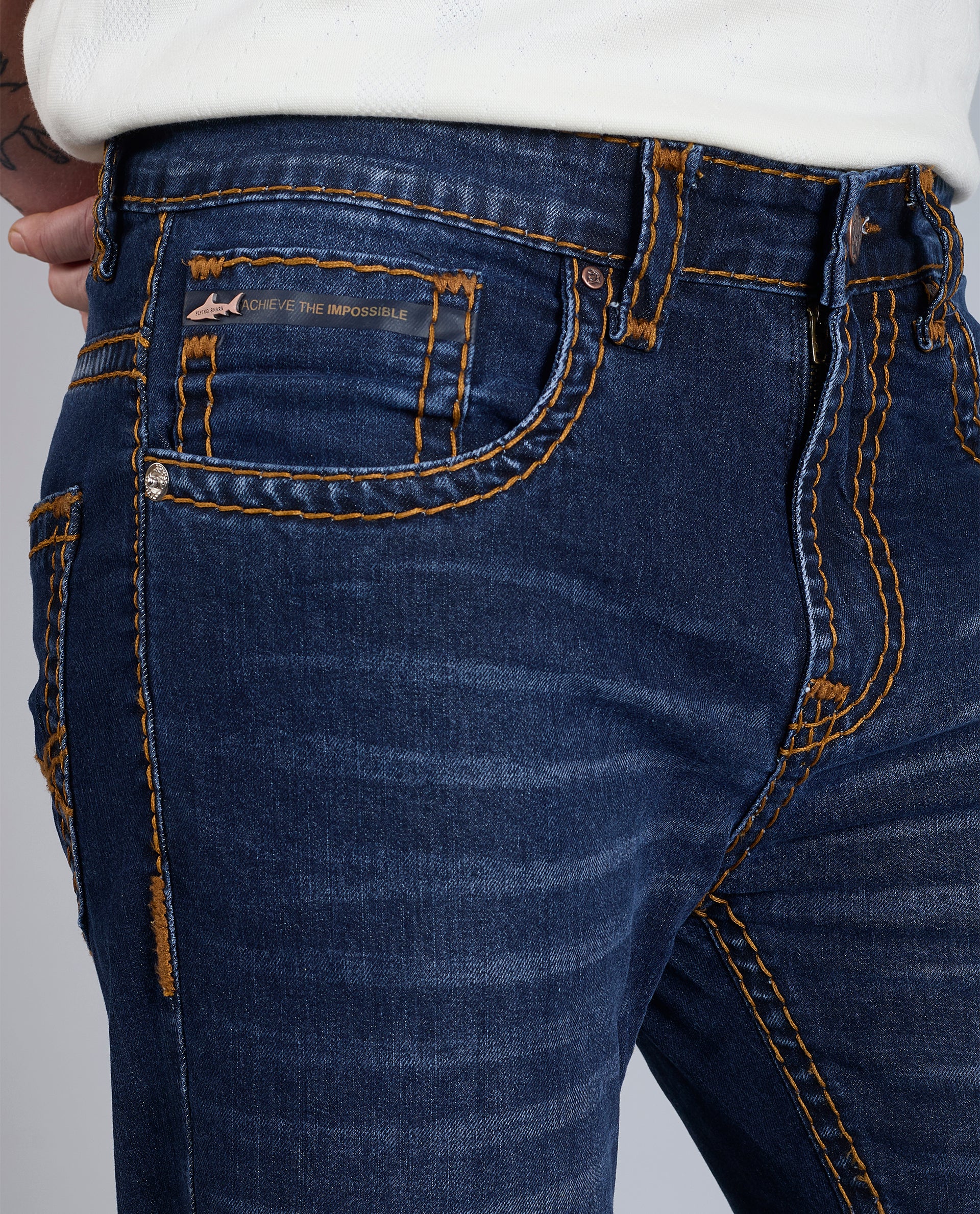 Men's Dark Blue Bootcut Saddle Stitch Denim Jeans