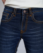Men's Dark Blue Bootcut Saddle Stitch Denim Jeans