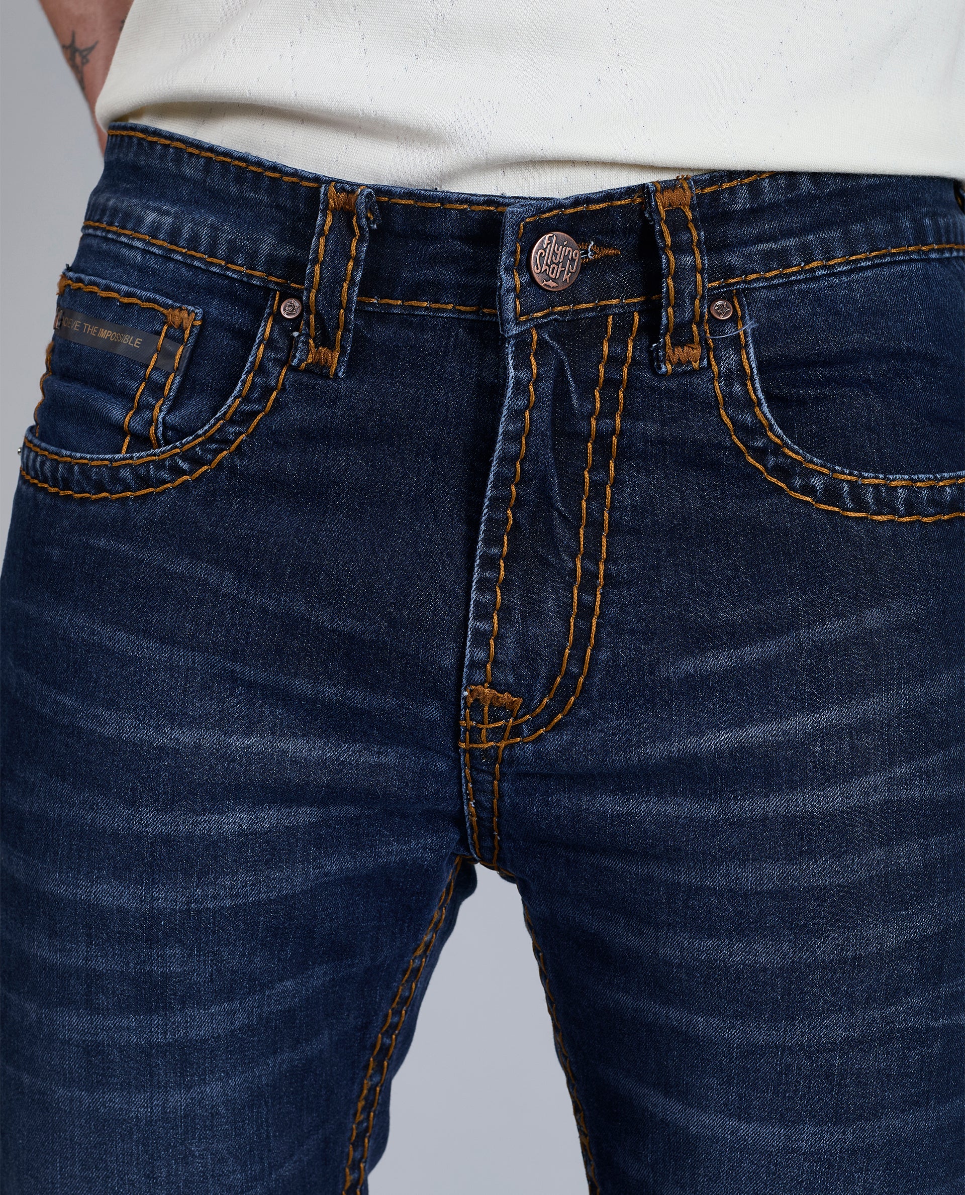Men's Dark Blue Bootcut Saddle Stitch Denim Jeans
