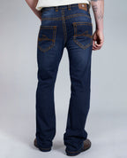Men's Dark Blue Bootcut Saddle Stitch Denim Jeans