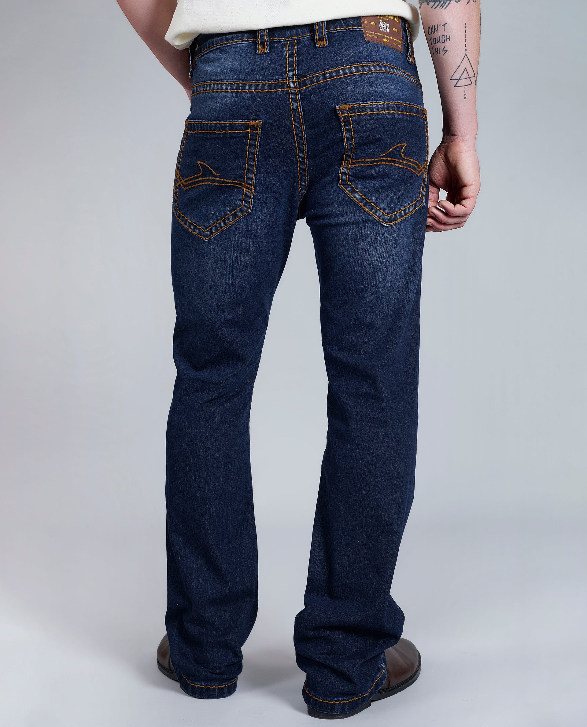 Men's Dark Blue Bootcut Saddle Stitch Denim Jeans