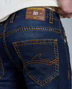 Men's Dark Blue Bootcut Saddle Stitch Denim Jeans
