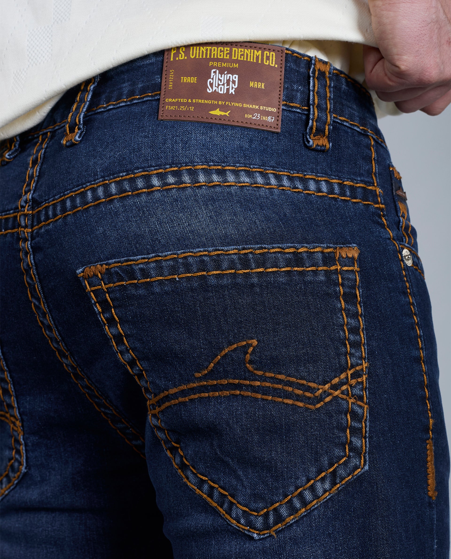Men's Dark Blue Bootcut Saddle Stitch Denim Jeans