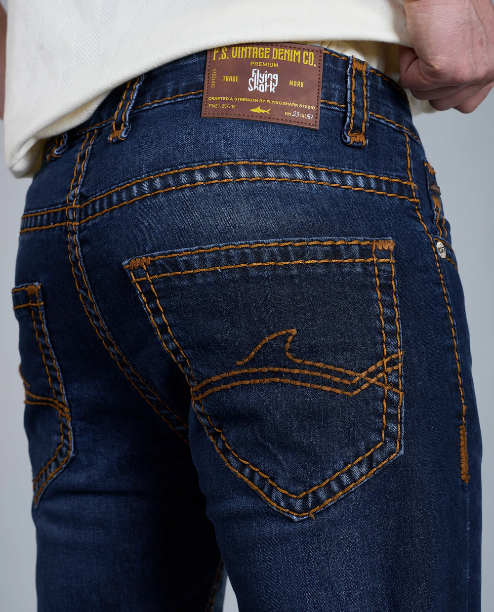 Men's Dark Blue Bootcut Saddle Stitch Denim Jeans Flying Shark