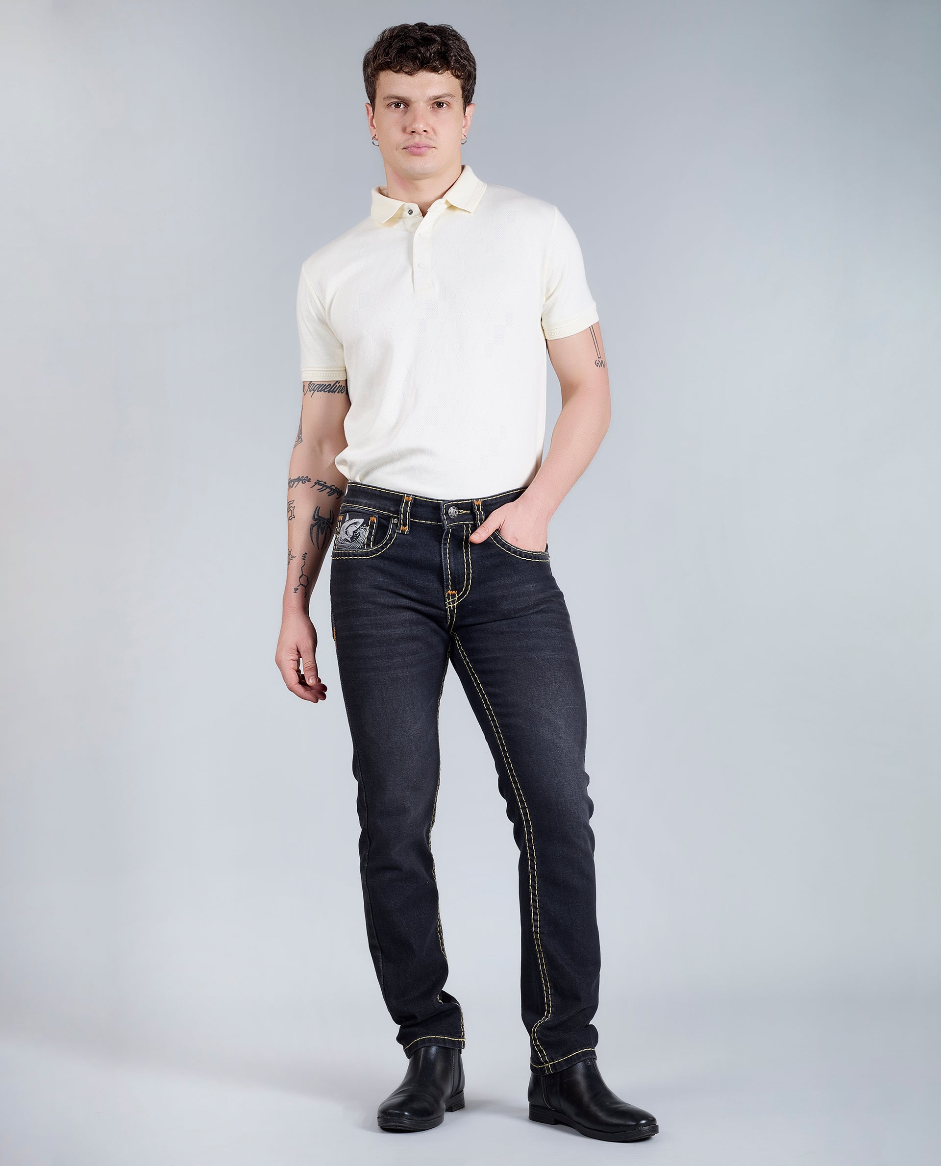 Men's Washed Black Regular Fit Saddle Stitch Denim Jeans