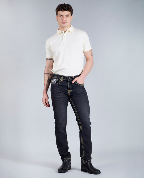 Men's Washed Black Regular Fit Saddle Stitch Denim Jeans Flying Shark