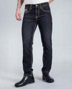 Men's Washed Black Regular Fit Saddle Stitch Denim Jeans