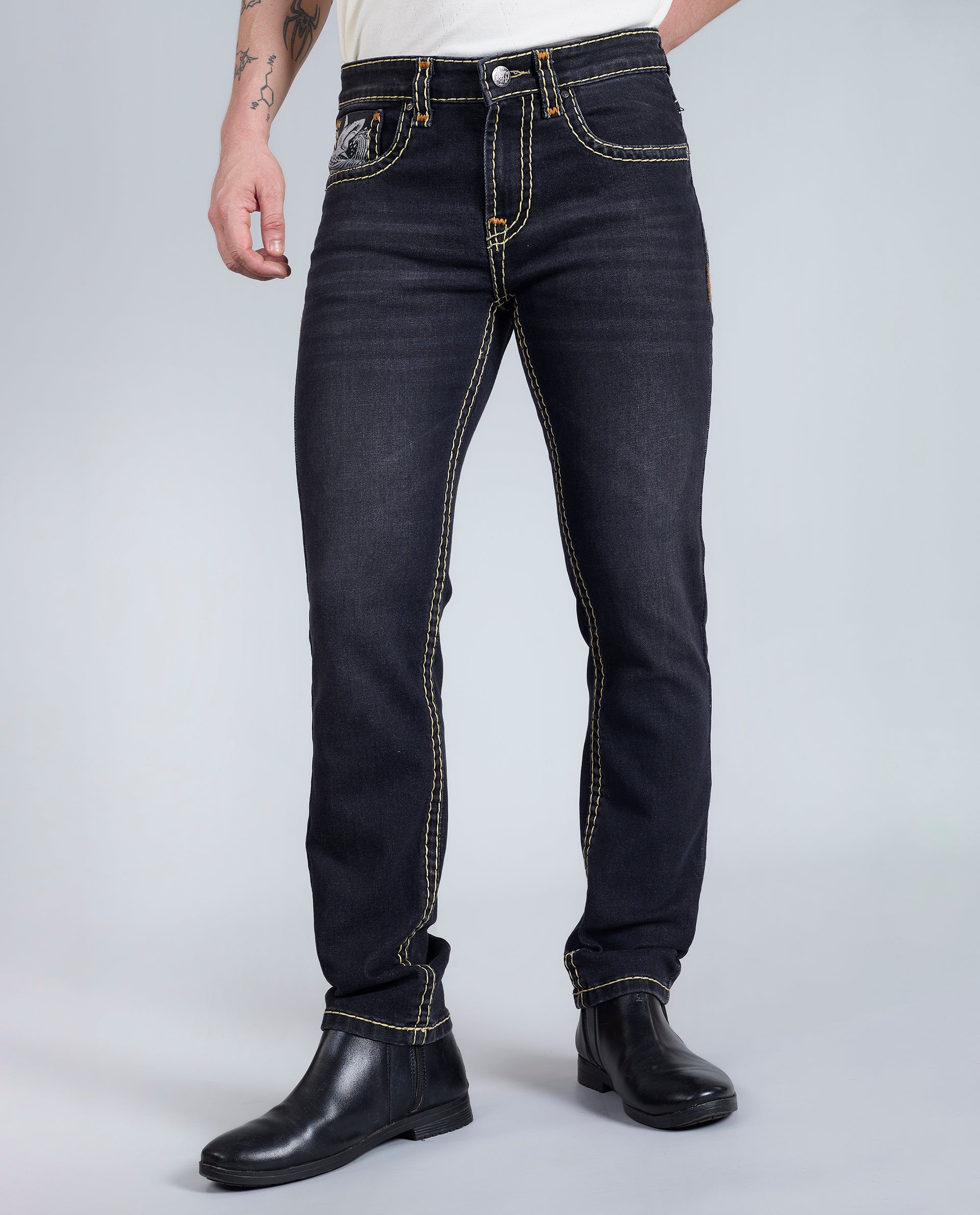 Men's Washed Black Regular Fit Saddle Stitch Denim Jeans