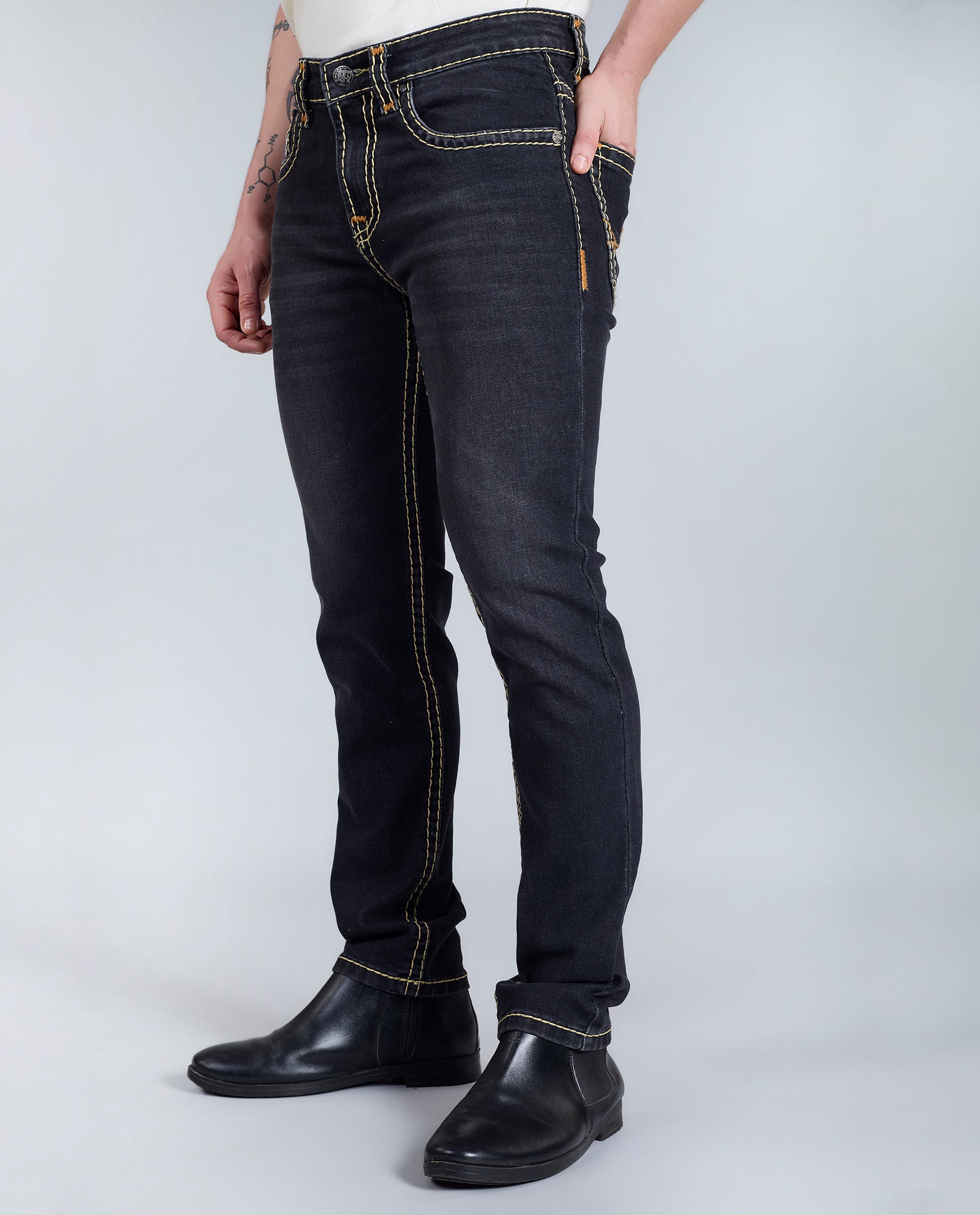 Men's Washed Black Regular Fit Saddle Stitch Denim Jeans