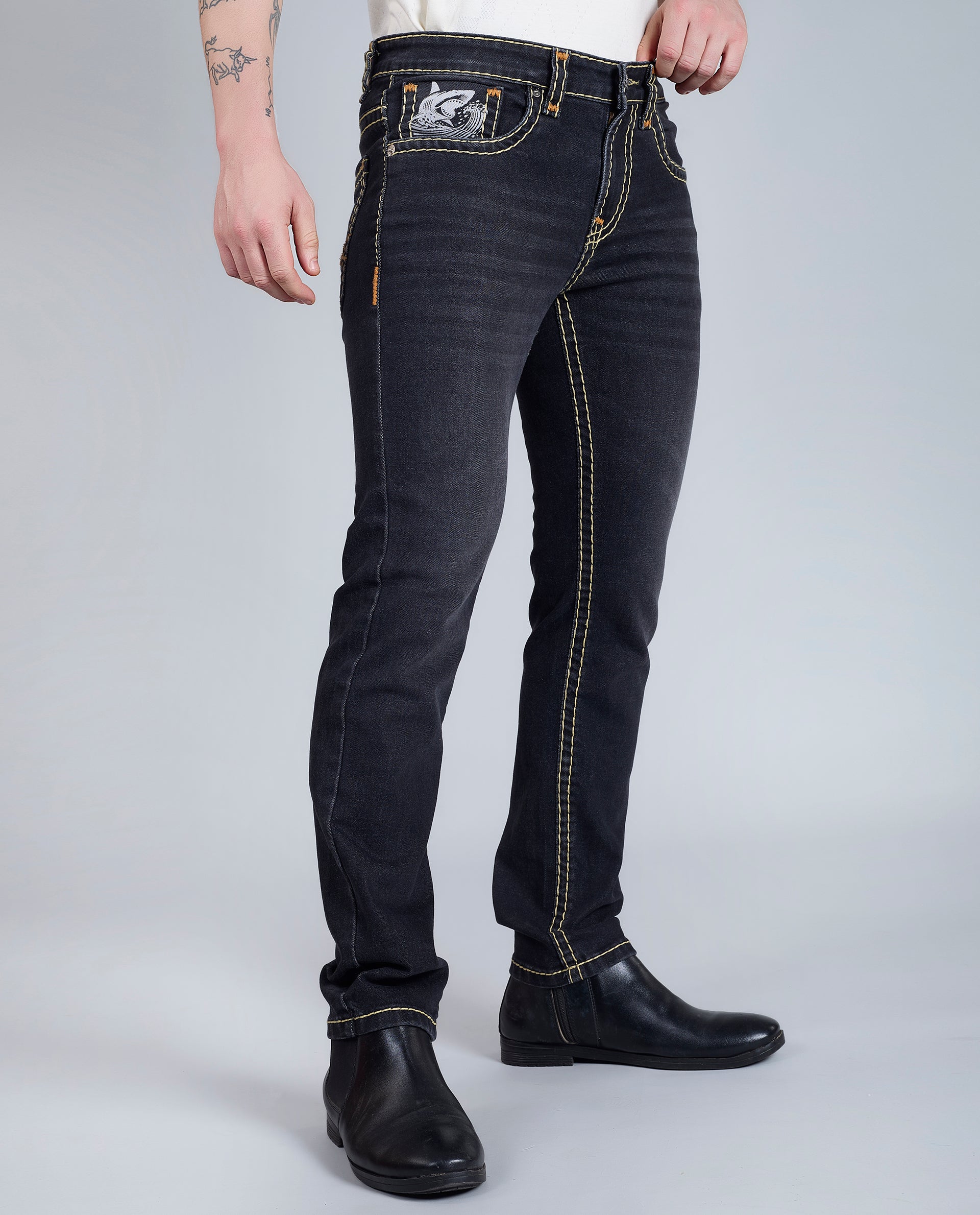 Men's Washed Black Regular Fit Saddle Stitch Denim Jeans