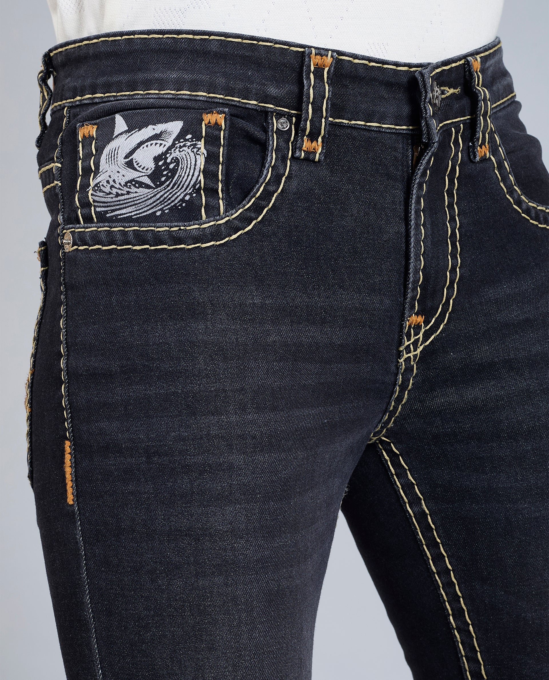 Men's Washed Black Regular Fit Saddle Stitch Denim Jeans