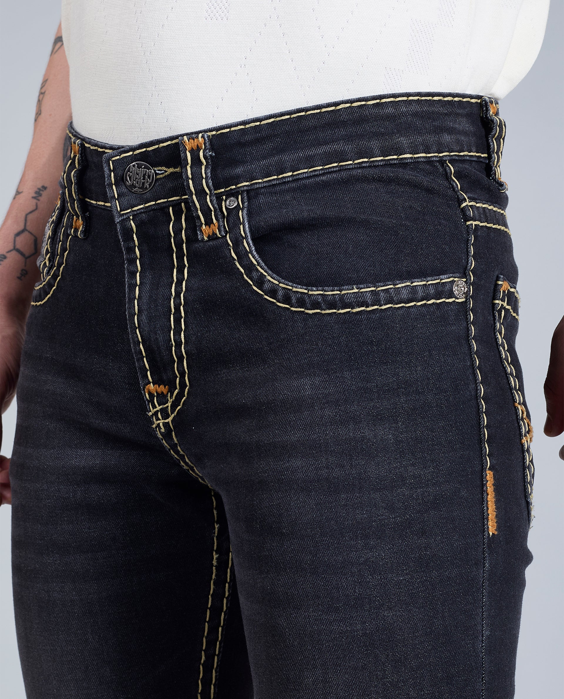 Men's Washed Black Regular Fit Saddle Stitch Denim Jeans