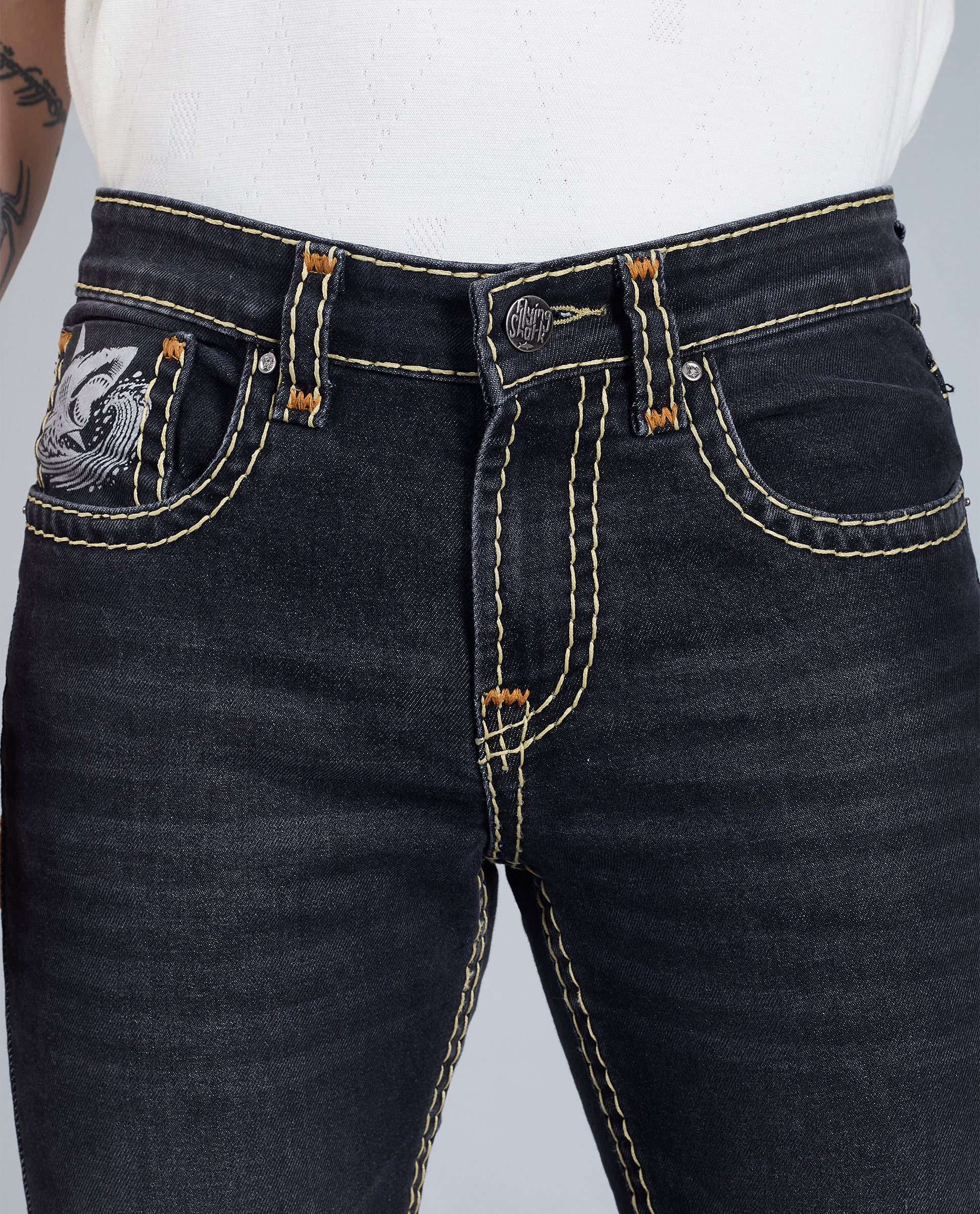 Men's Washed Black Regular Fit Saddle Stitch Denim Jeans