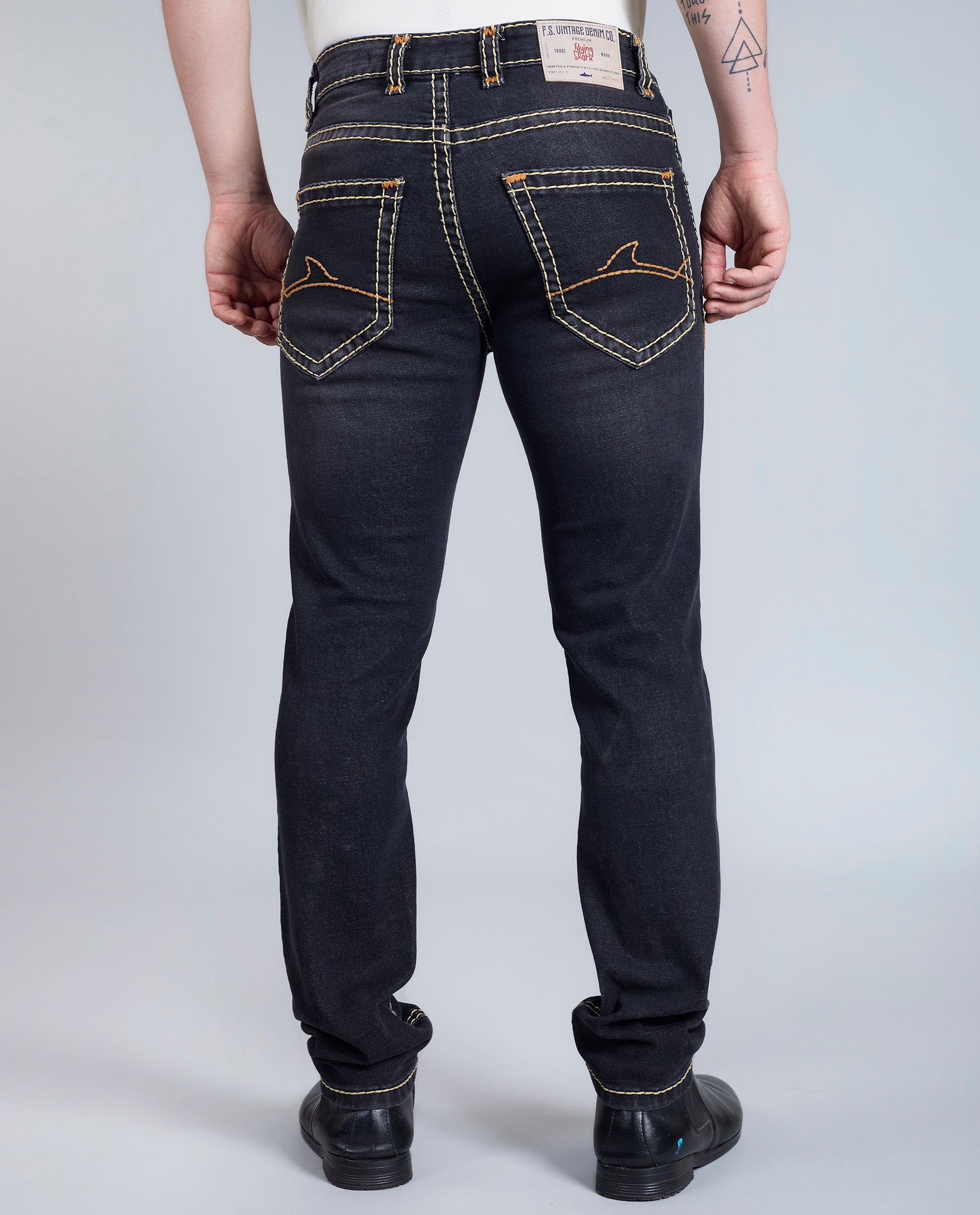 Men's Washed Black Regular Fit Saddle Stitch Denim Jeans
