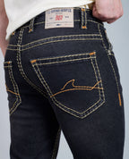 Men's Washed Black Regular Fit Saddle Stitch Denim Jeans Flying Shark