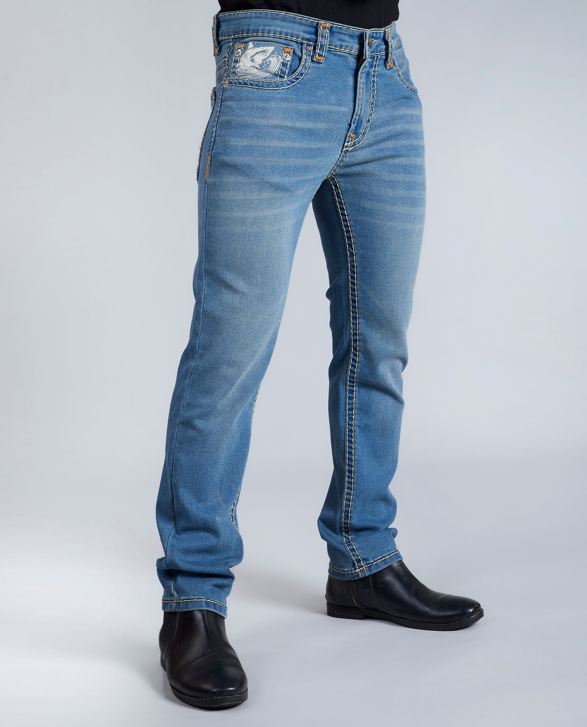 Men's Sky Blue Regular Fit Saddle Stitch Denim Jeans