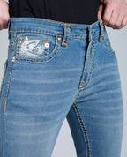 Men's Sky Blue Regular Fit Saddle Stitch Denim Jeans