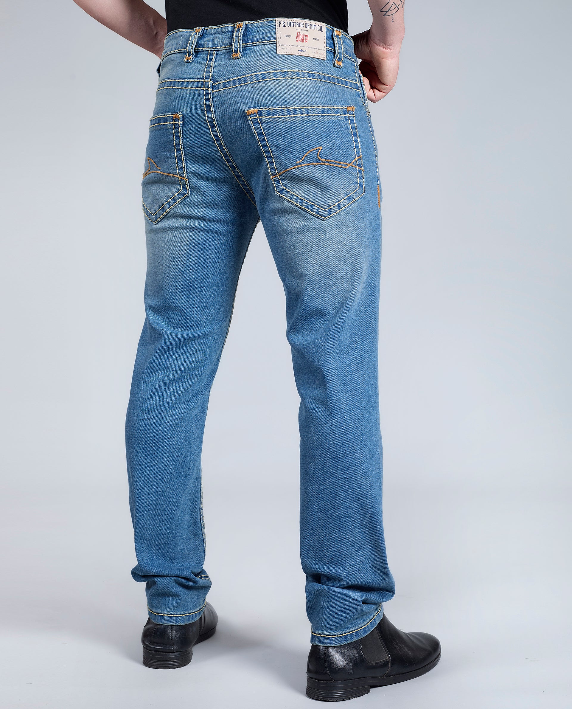Men's Sky Blue Regular Fit Saddle Stitch Denim Jeans