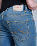 Men's Sky Blue Regular Fit Saddle Stitch Denim Jeans