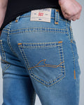 Men's Sky Blue Regular Fit Saddle Stitch Denim Jeans Flying Shark