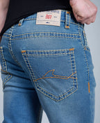 Men's Sky Blue Regular Fit Saddle Stitch Denim Jeans Flying Shark