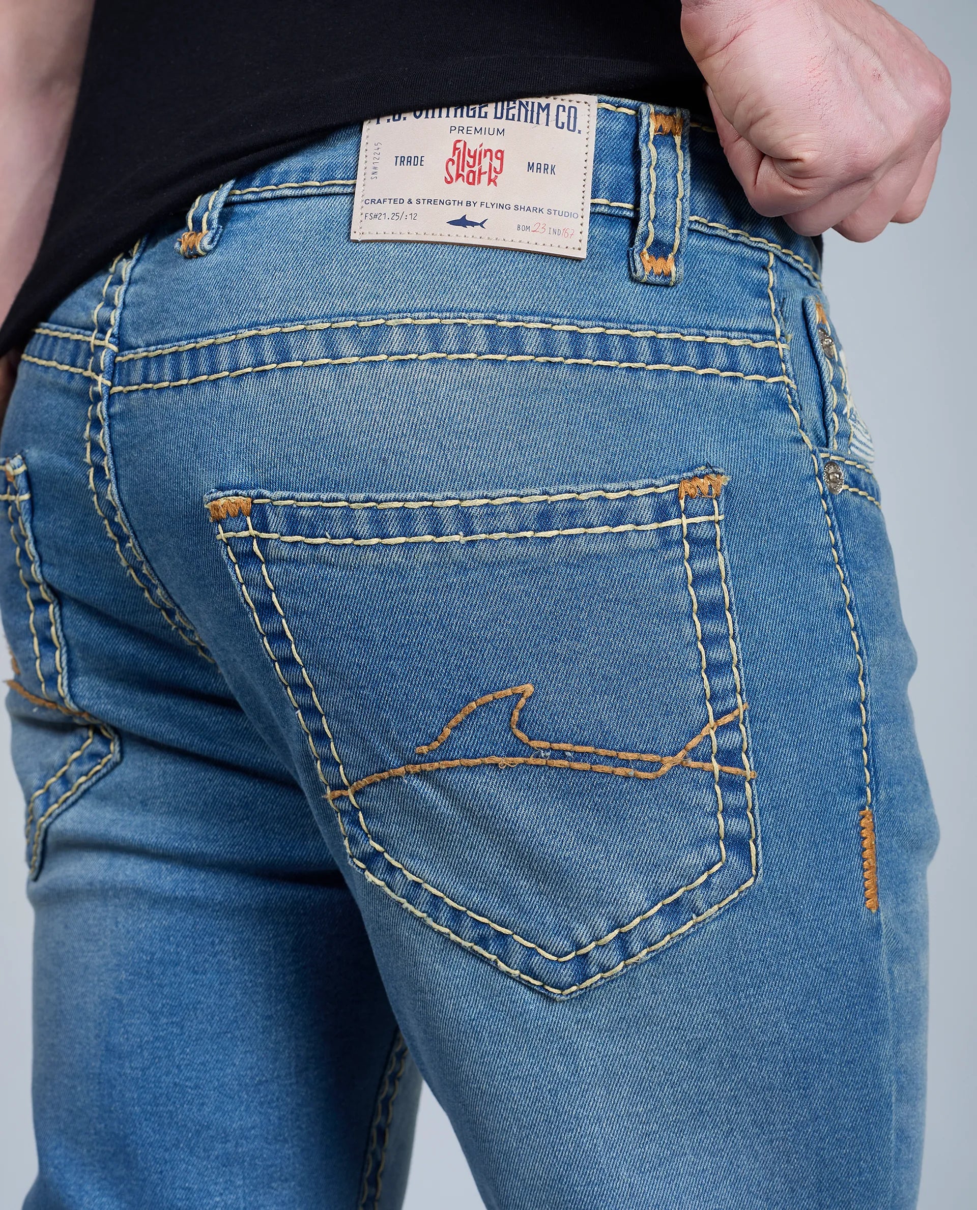 Men's Sky Blue Regular Fit Saddle Stitch Denim Jeans Flying Shark